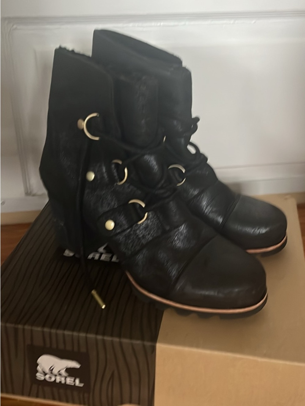 Sorel Black Lace-Up Ankle Boots with Gold Hardware